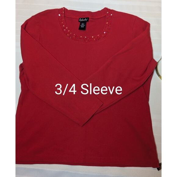 Rafaella Red Embellished Round Neck Cotton Stretch Top Sz Lg - Picture 5 of 7